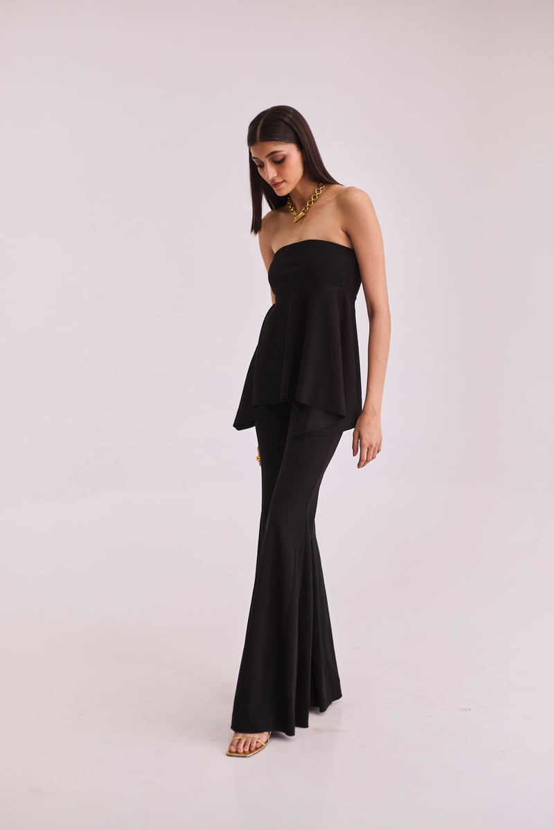 Black Strapless Top and Bell Bottom Co-ord Set