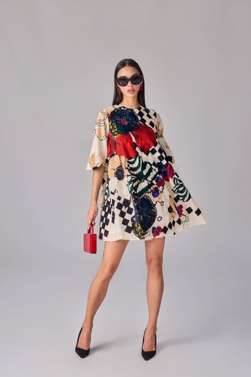 Multi Printed Shift Mini Dress with Bell Sleeves