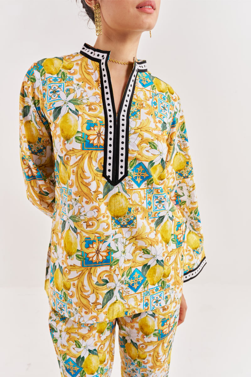 White and Yellow Lemon Print Co-ord Set with Mandarin Collar