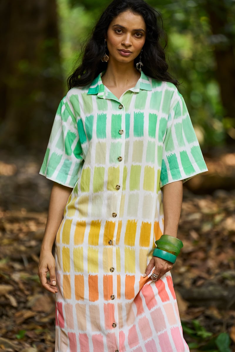 Multicolor Printed Midi Shirt Dress with Button-Down Front