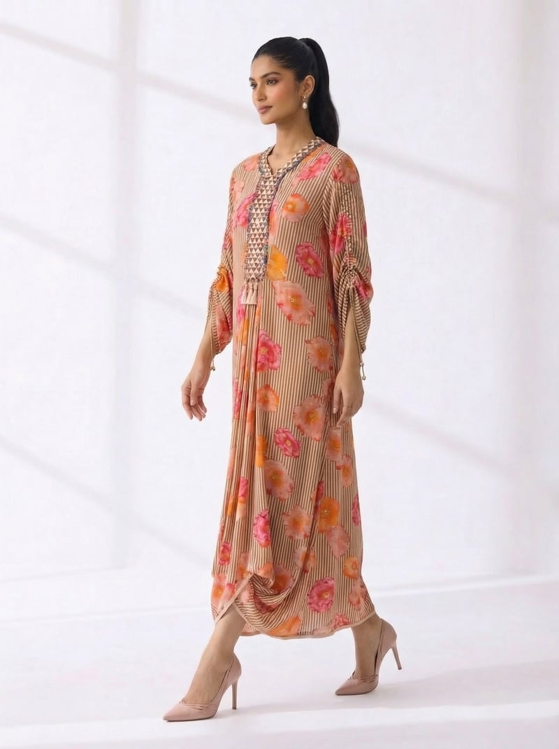 Beige Mixed Print Maxi Dress with Tassel Tie Neck