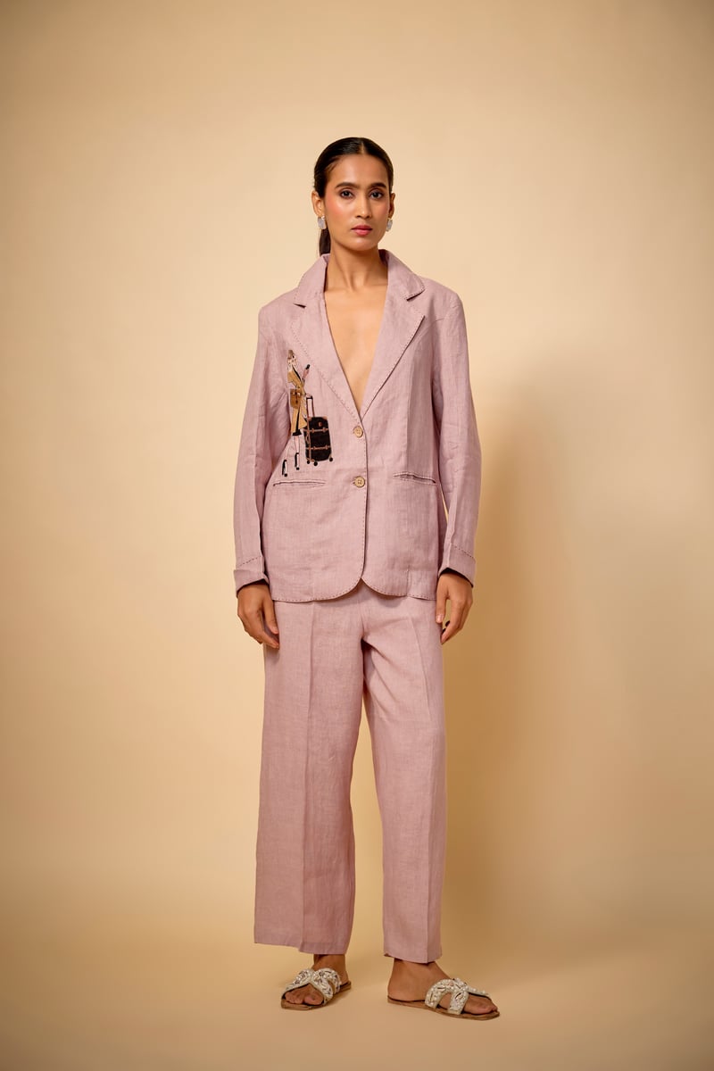 Pink Linen Tailored Blazer with Front Illustration Detail