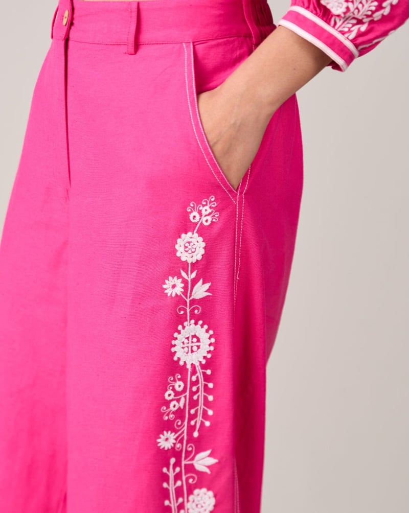 Pink Wide-Leg Embroidered Trousers