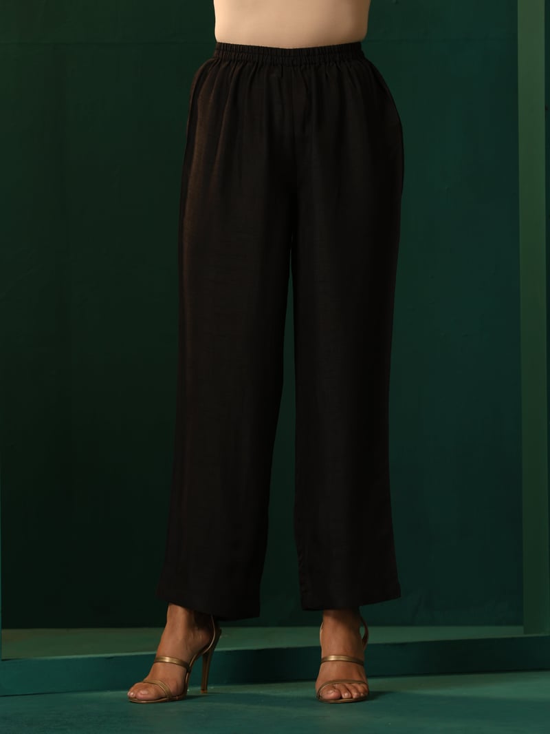 Black Silk-Blend V-Neck Co-ord Set with Wide-Leg Pants