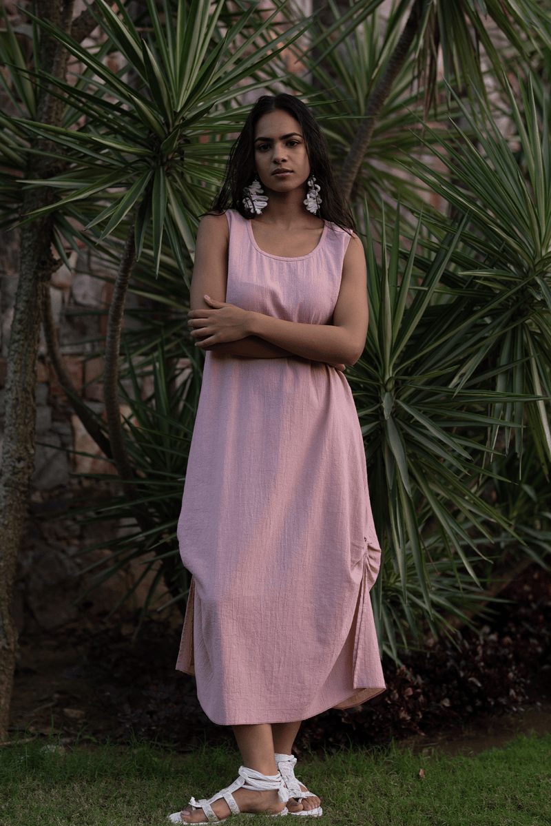 Salmon Pink Cotton Gauze Sleeveless Maxi Dress