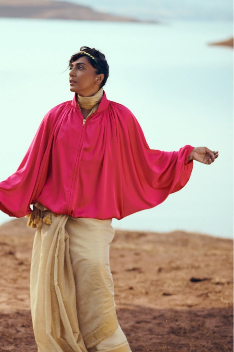 Fuchsia Pink Flowy Satin High-Neck Draped Top