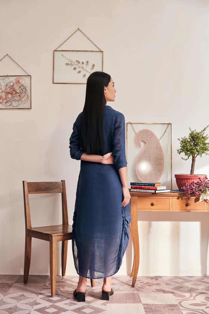 Navy Blue Linen Straight Midi Dress with V-Collar