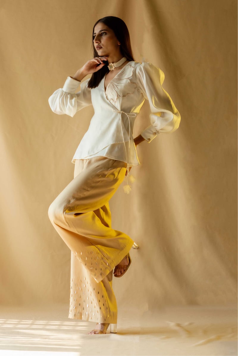 Cream Angrakha Wrap Top and Wide-Leg Pants Co-ord Set