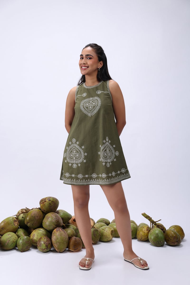 Olive Green Ari Embroidered A-Line Mini Dress