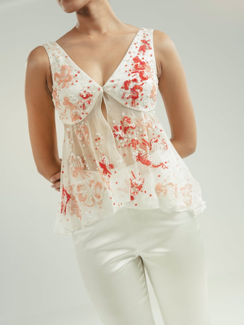 White Satin Top and Flared Pant Co-ord Set with Floral Embroidery