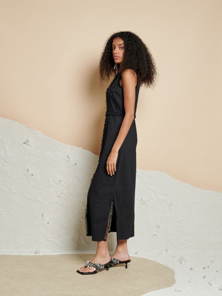 Black Sleeveless Straight Midi Dress with Ruffle Trim