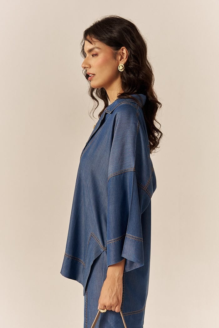 Blue Lapel Shirt and Flared Pants Co-ord Set