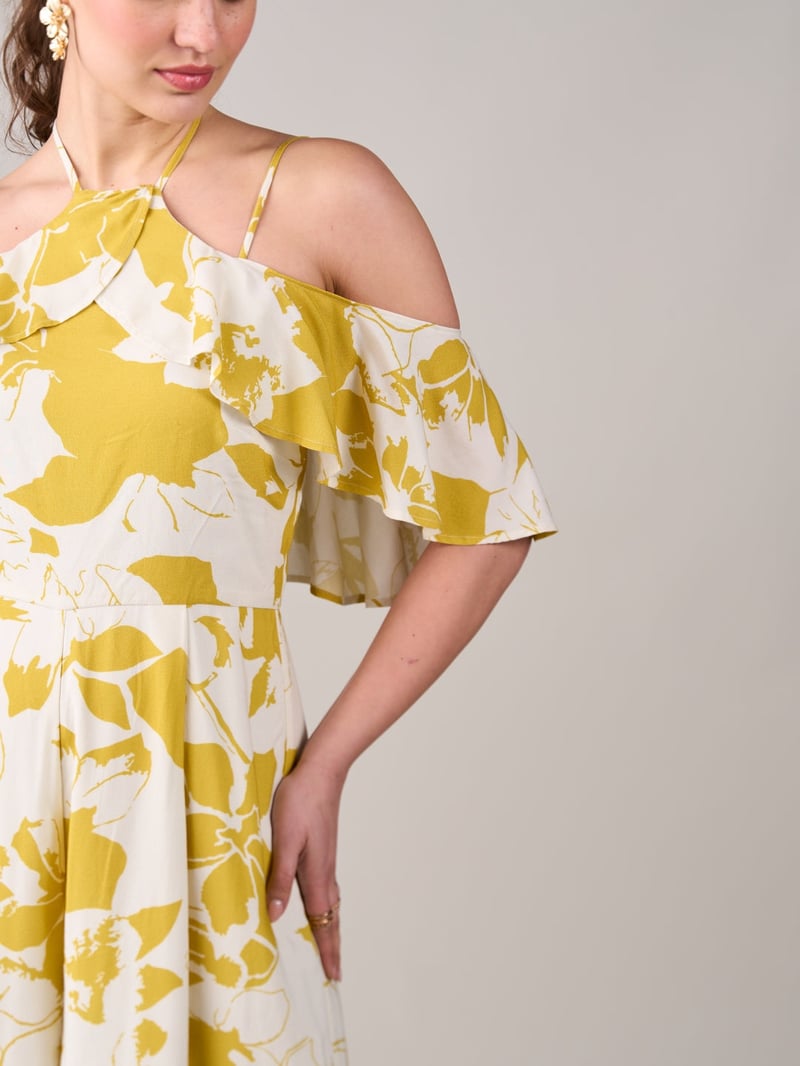 Yellow Floral Halter Neck Cold-Shoulder Wide-Leg Jumpsuit