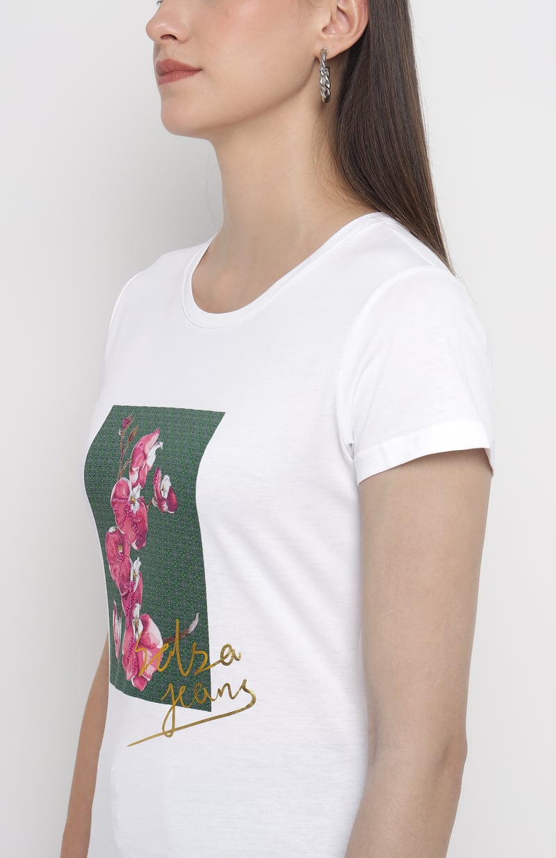White Cotton Crew Neck T-shirt with Floral Graphic Print