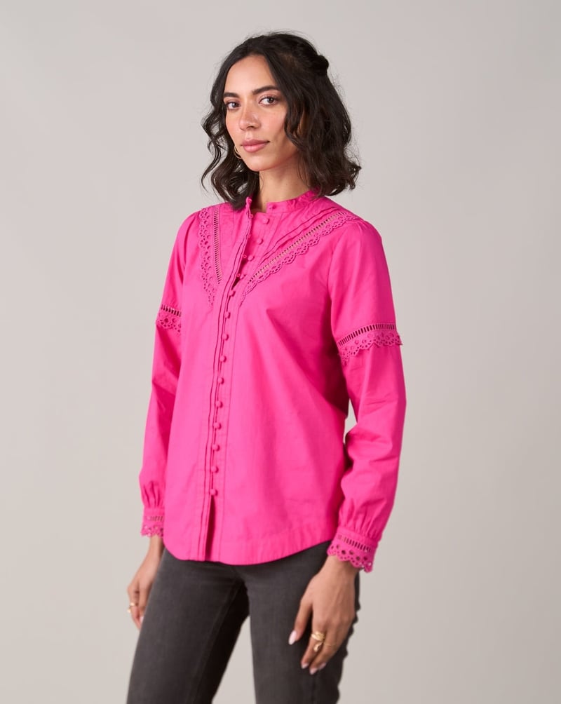 Pink Poplin Shirt Top with Lace Inserts and Mandarin Collar