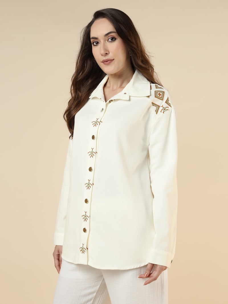 Ecru Cotton Twill Embroidered Button-Down Shirt