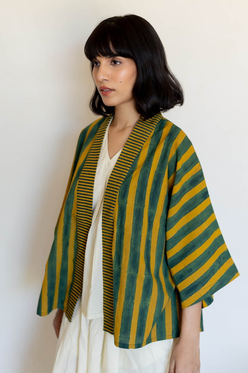 Moss Leaf Cotton Striped Open-Front Cape Shrug