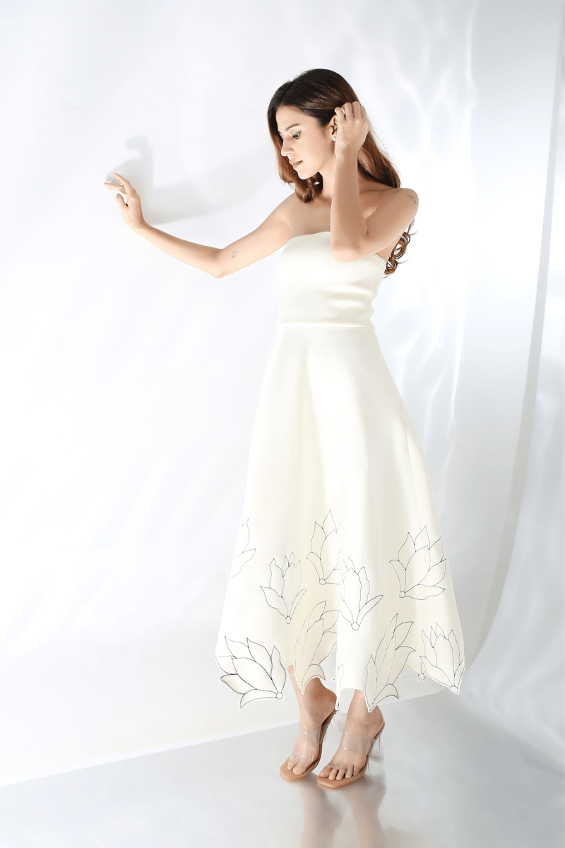 Off-White Strapless Fit and Flare Midi Dress