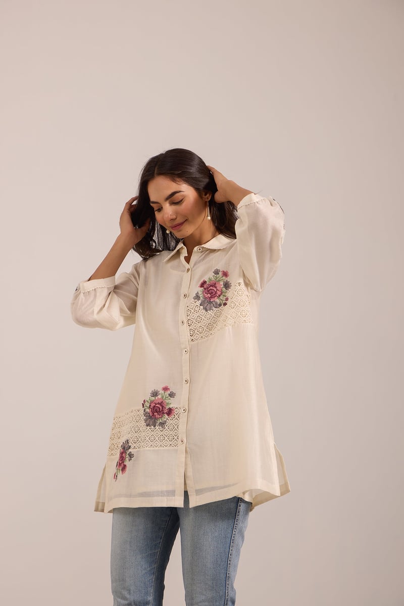 Off-White Sheer Chanderi Lace Panel Button-Down Shirt