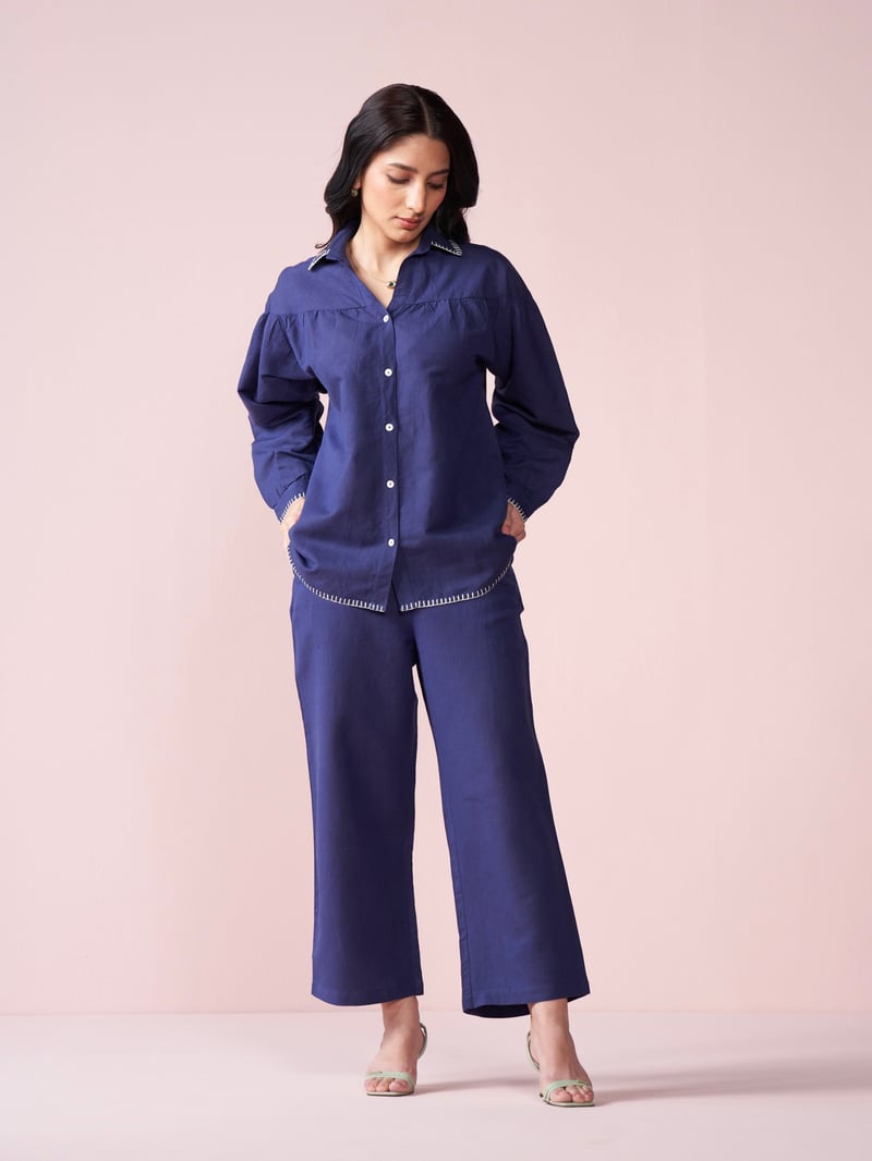 Navy Blue Linen Blend Co-ord Set with Blanket Stitch Trim