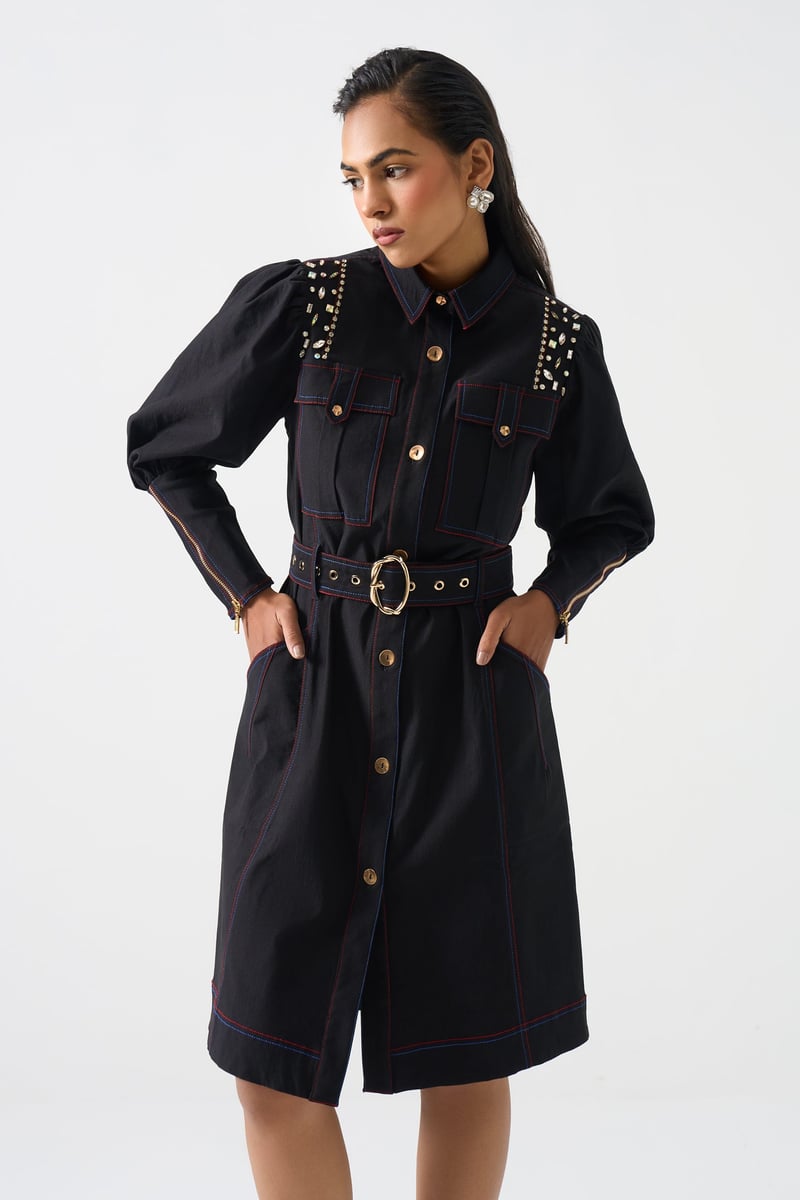 Black Embellished Shirt Dress with Belt