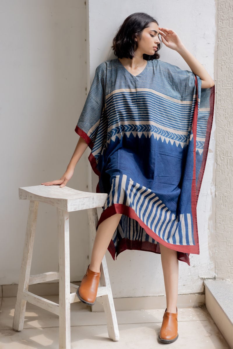 Multicolor Cotton Printed Midi Kaftan Dress