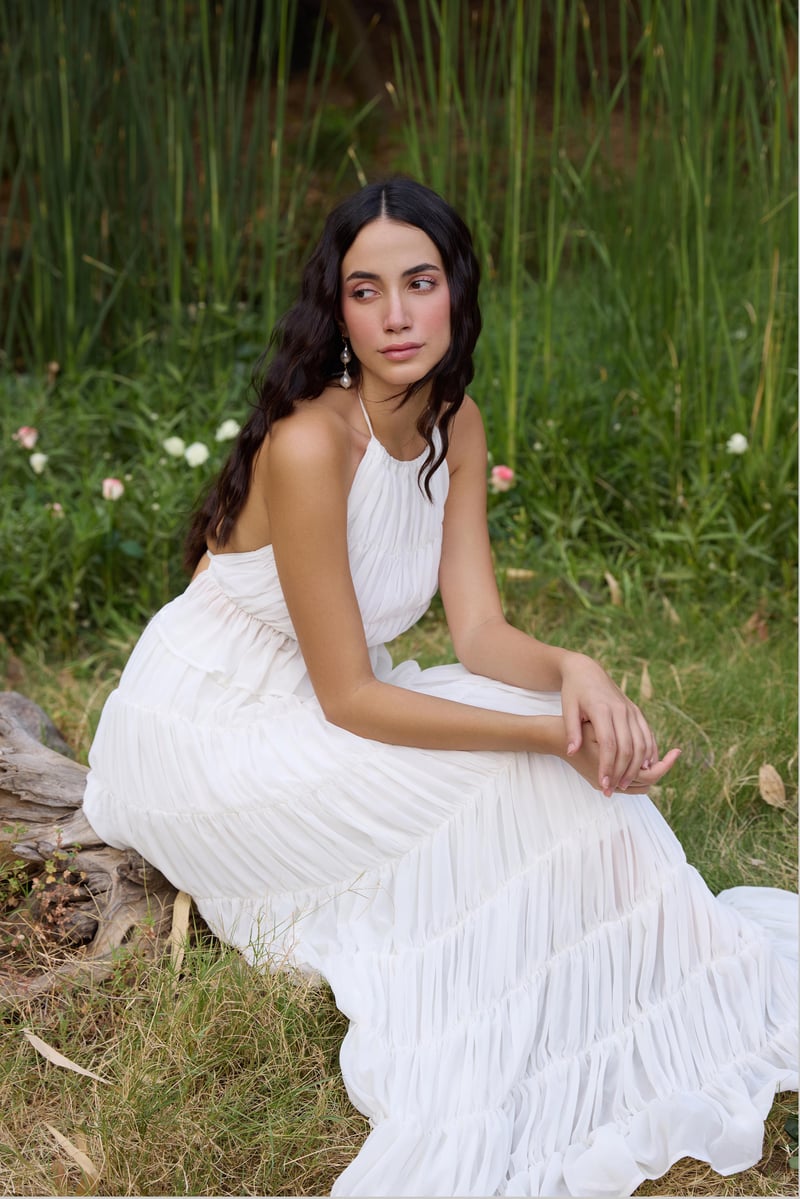 White Halter Neck Top and Tiered Maxi Skirt Co-ord Set