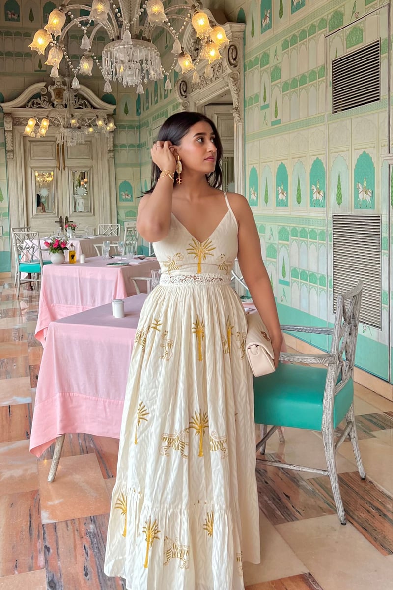 Off-White Printed Tiered Maxi Dress with Crochet Waist