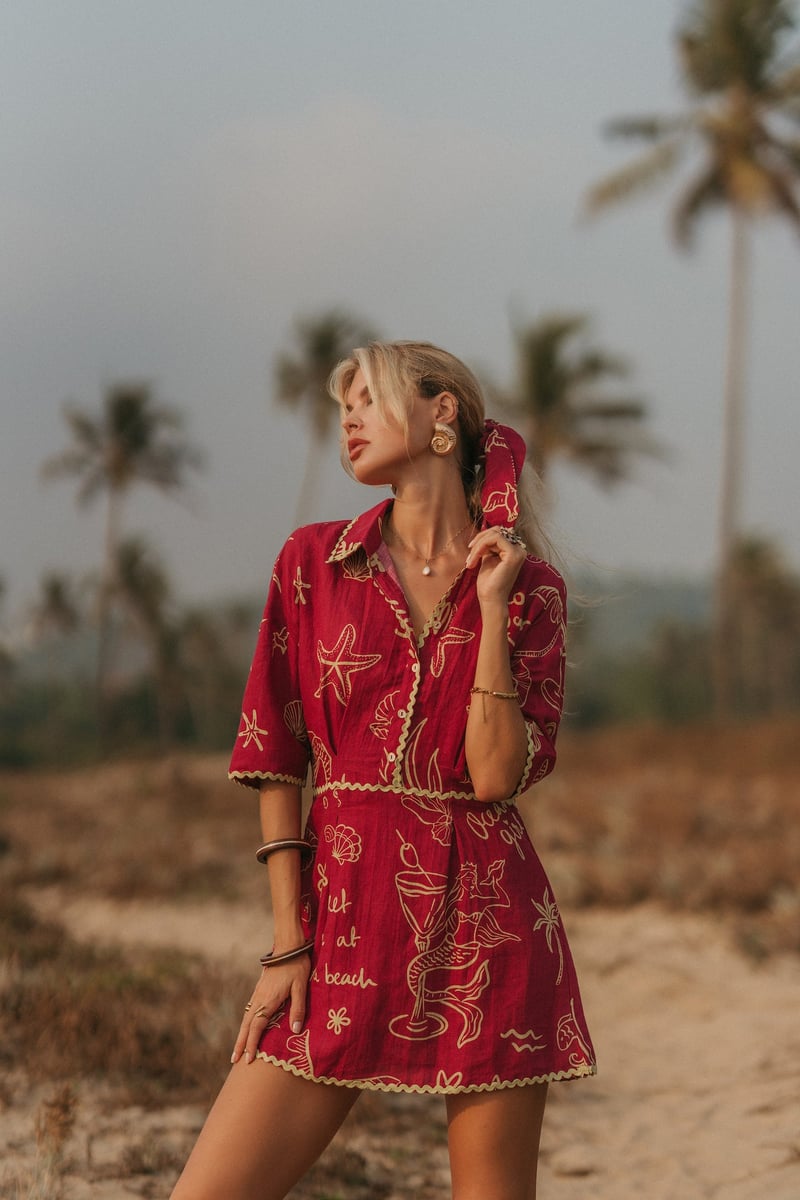 Red Printed Linen Button-Down Mini Shirt Dress