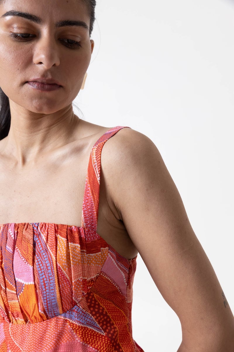 Orange/Multicolor Abstract Print Fit and Flare Midi Dress