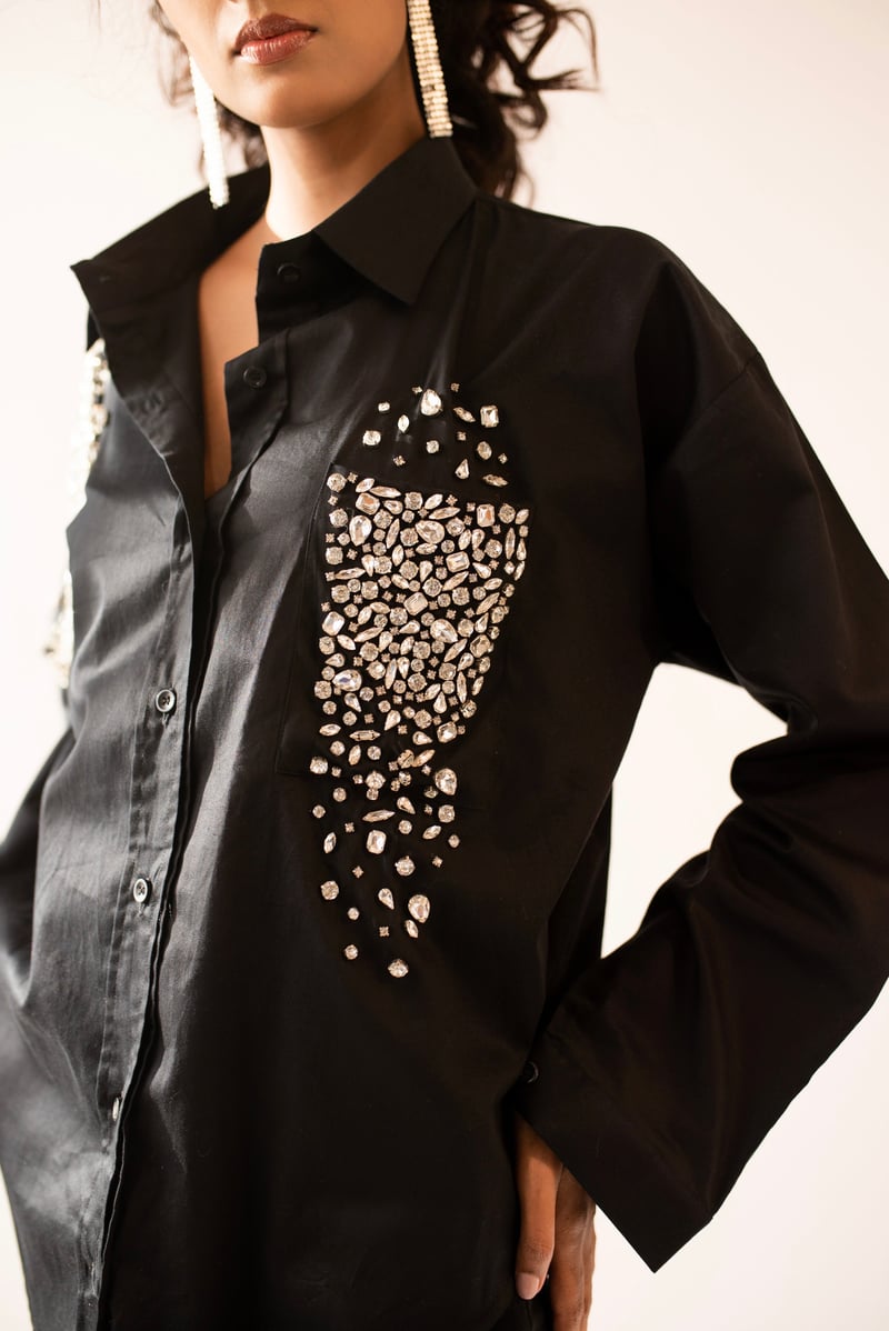 Black Embellished Long Sleeve Button-Down Shirt