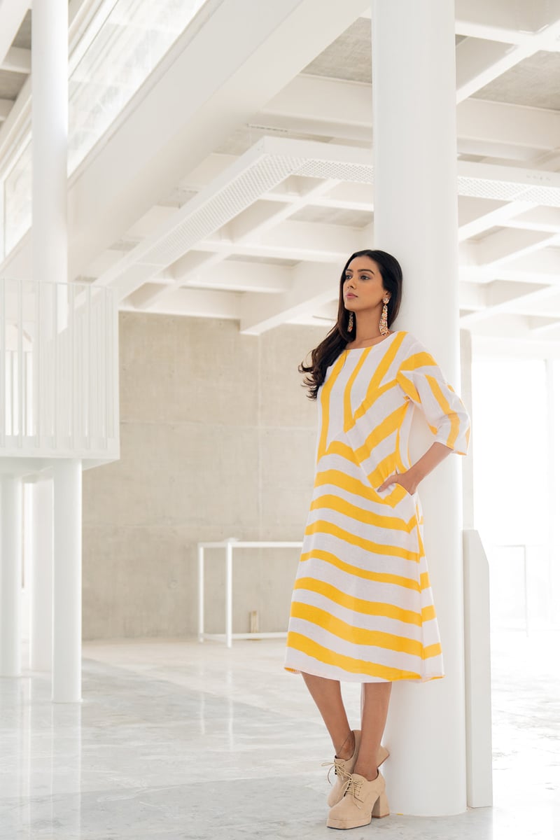Yellow Striped Linen-Blend Midi Dress with Pockets