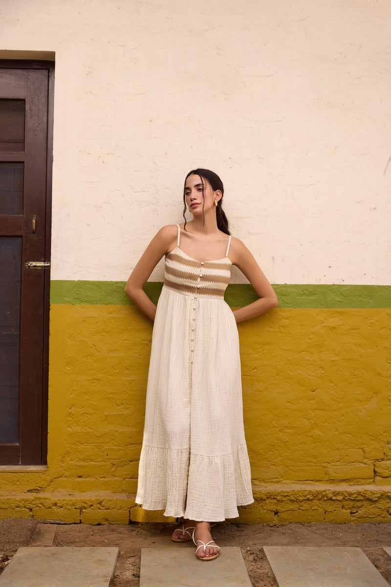 Brown and Ivory Button-Down Maxi Dress with Lace Bodice