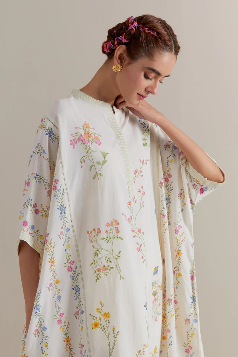 Off-White Floral Printed Cotton Kaftan