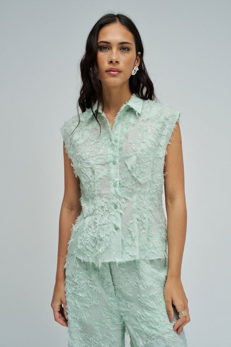Light Green Textured Sleeveless Button-Down Shirt — SALSA JEANS