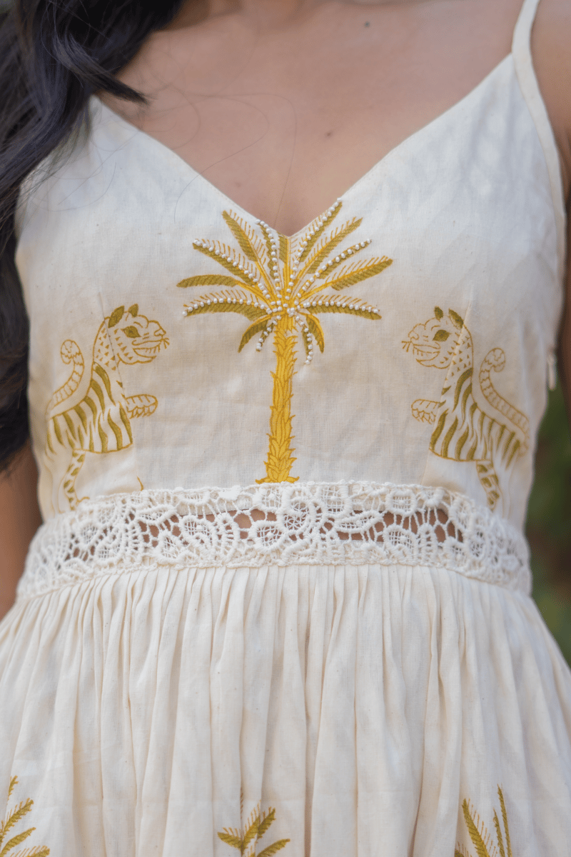 Off-White Printed Tiered Maxi Dress with Crochet Waist