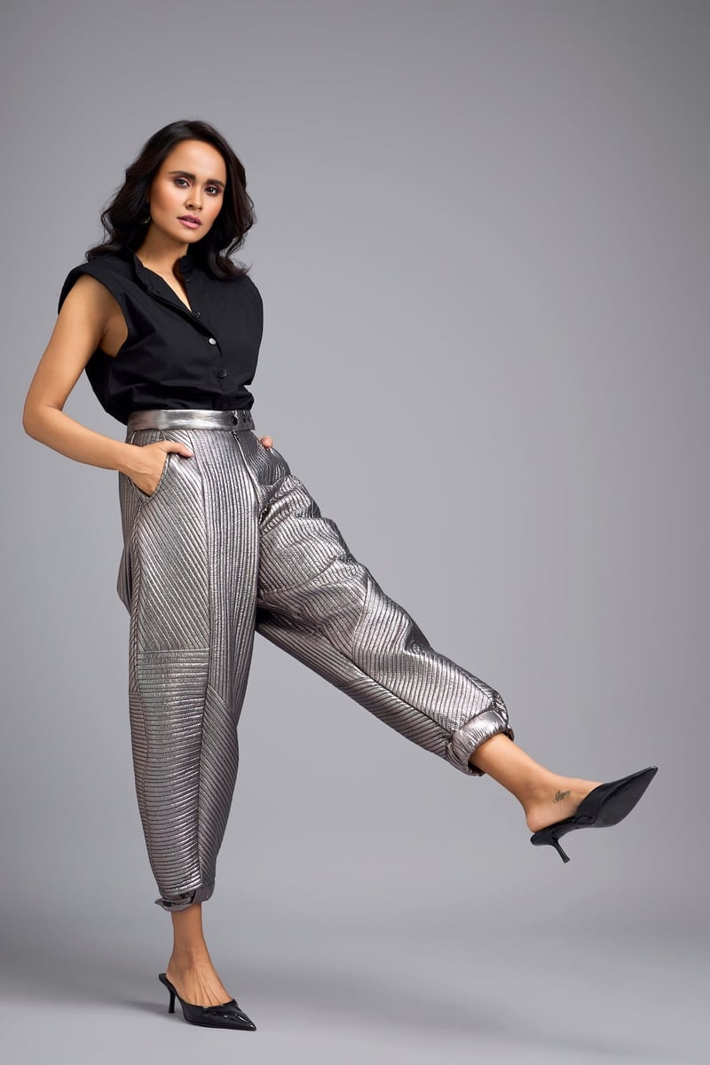 Gunmetal Metallic Quilted High-Rise Tapered Pants