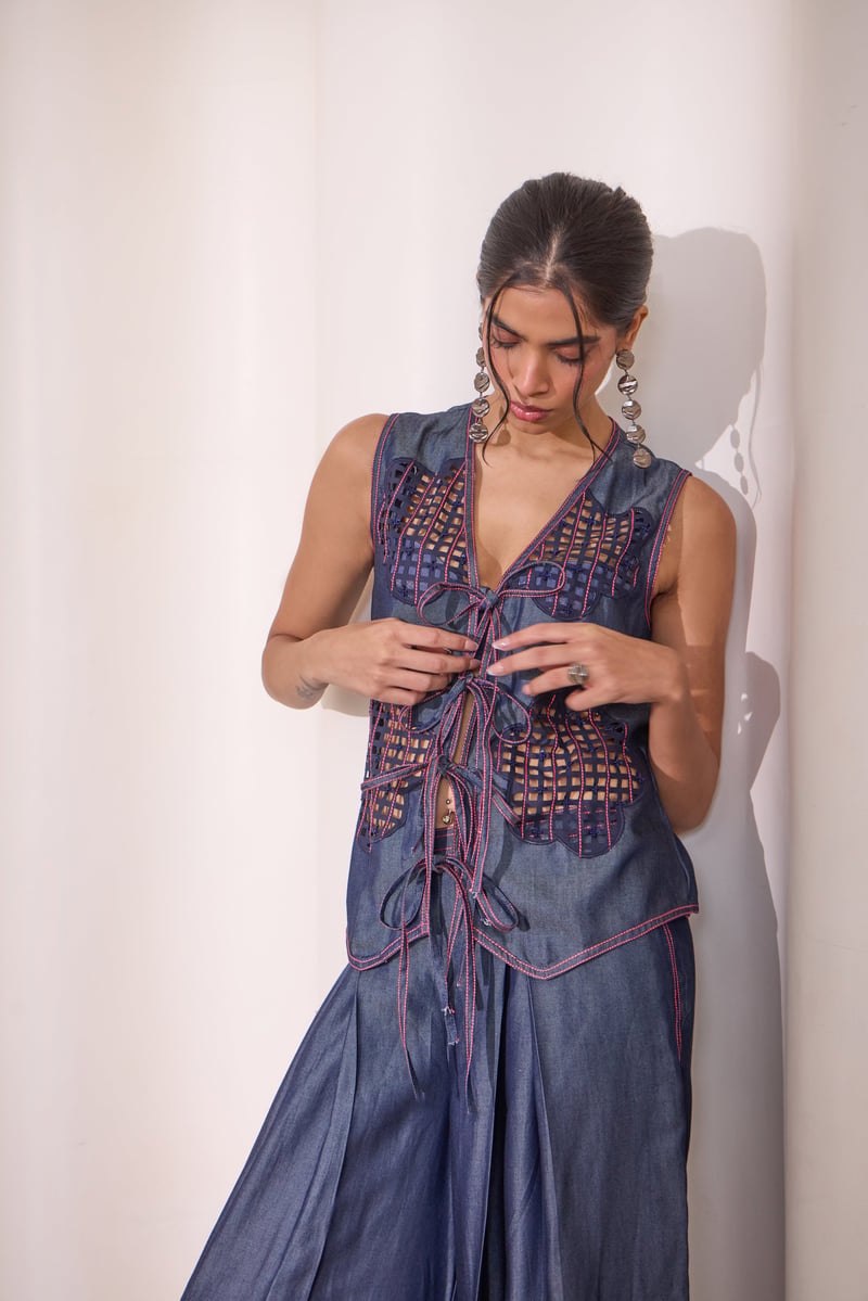 Indigo Tencel Denim Tie-Up Cutwork Vest