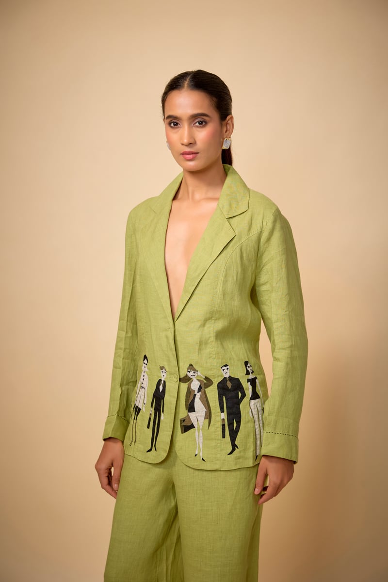 Pista Green Linen Blazer with Hem Artwork — Linen Bloom
