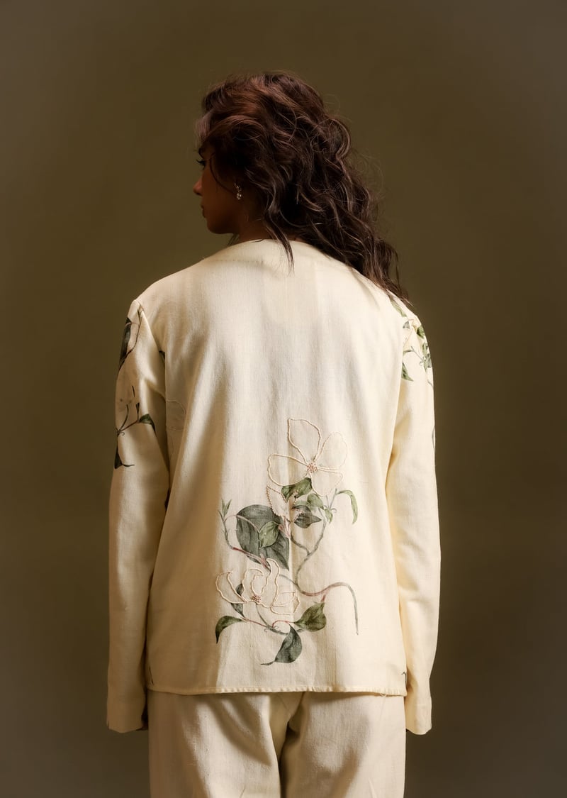 Buttery Yellow Khadi Floral Print Tie-Up Jacket