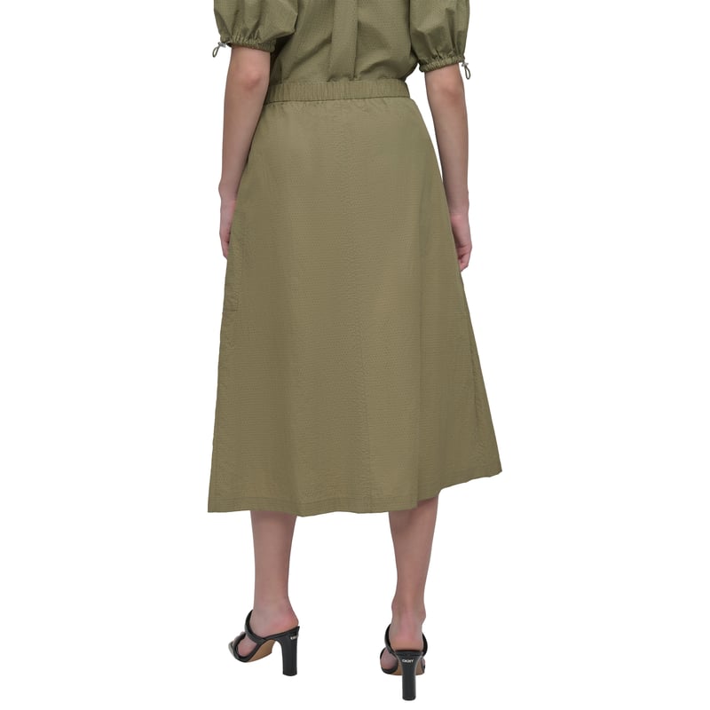 Utility Green Nylon A-Line Midi Skirt with Zip Pocket