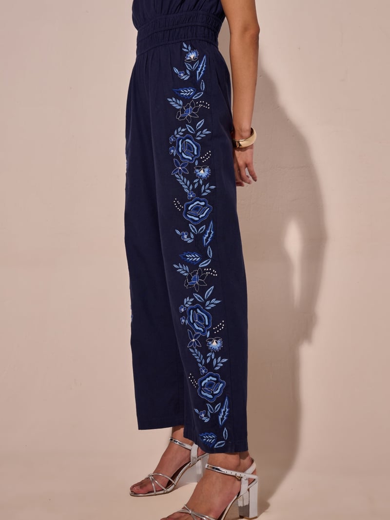 Blue V-Neck Smocked Waist Embroidered Jumpsuit