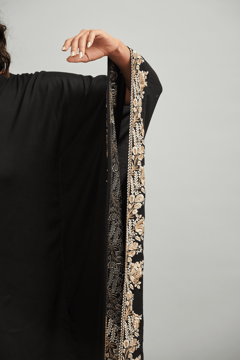 Black One-Shoulder Embroidered Border Kaftan Dress