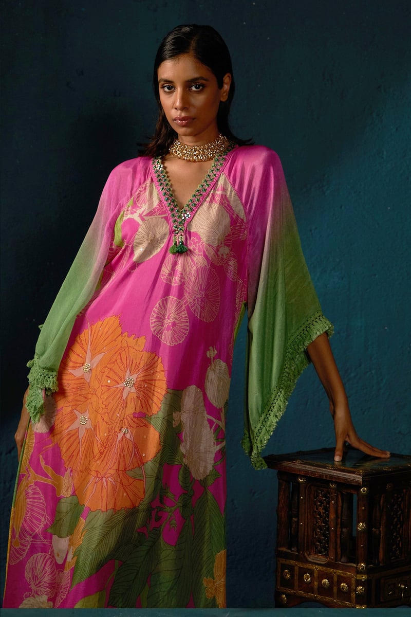 Pink Floral Printed Asymmetrical Kurta Set with Cape Sleeves