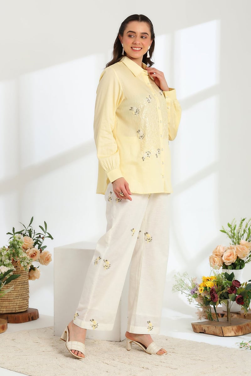 Butter Bloom Yellow Hand Embroidered French Lace Linen Cotton Co-Ord Set