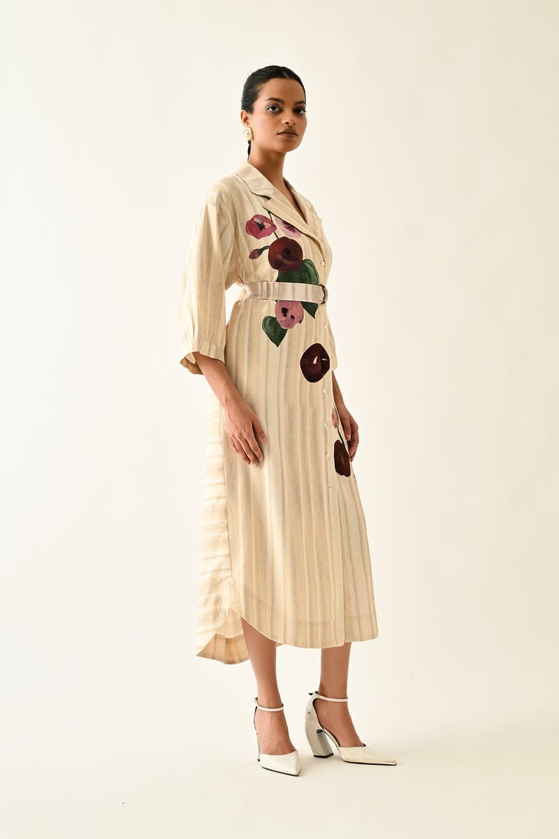 Off White Abstract Print Belted Midi Trench Shirt Dress