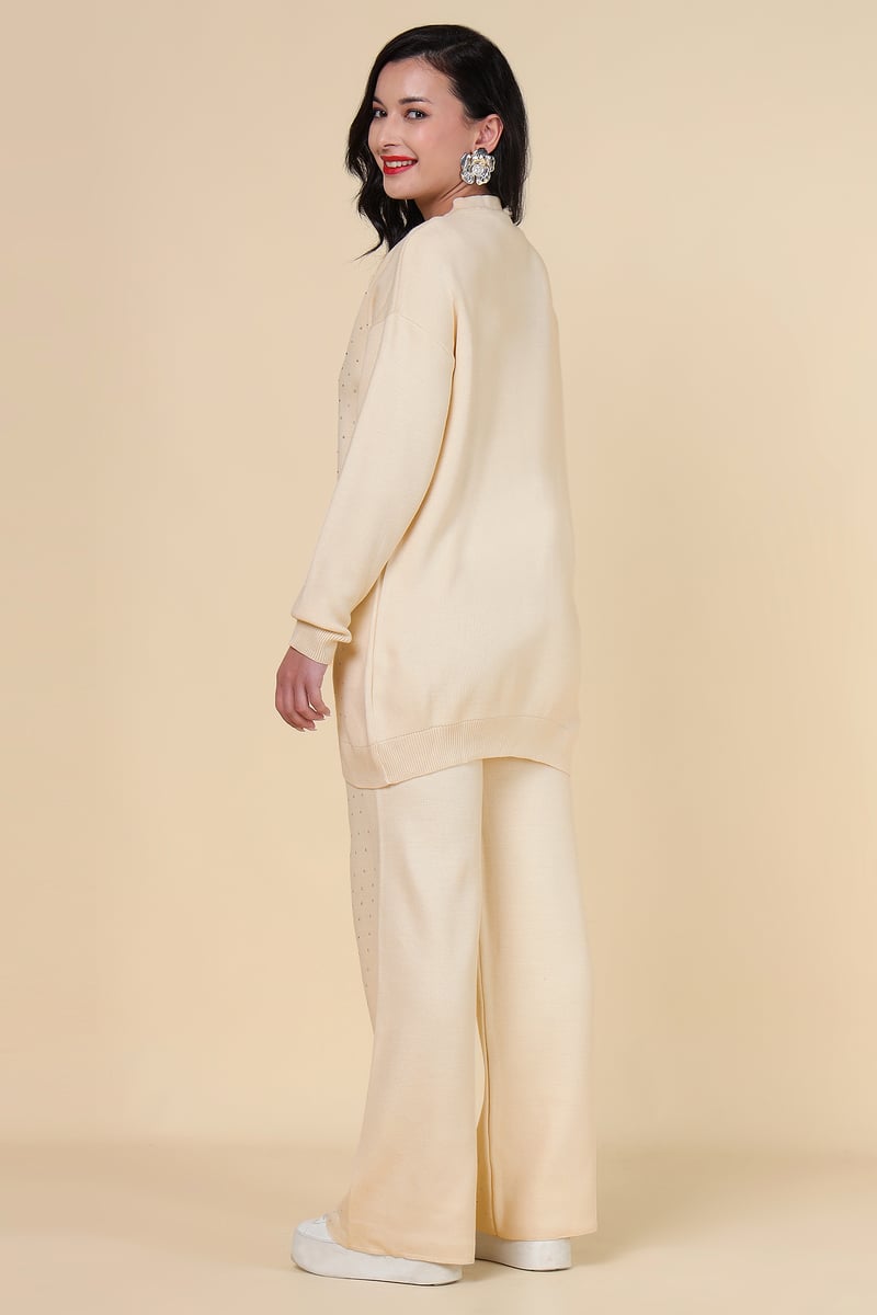 Ivory Embellished Knit Co-ord Set with Wide-Leg Pants