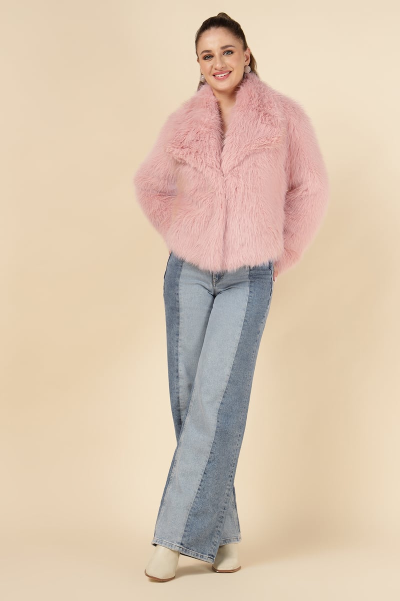 Pink Cropped Faux-Fur Jacket with Lapel Collar