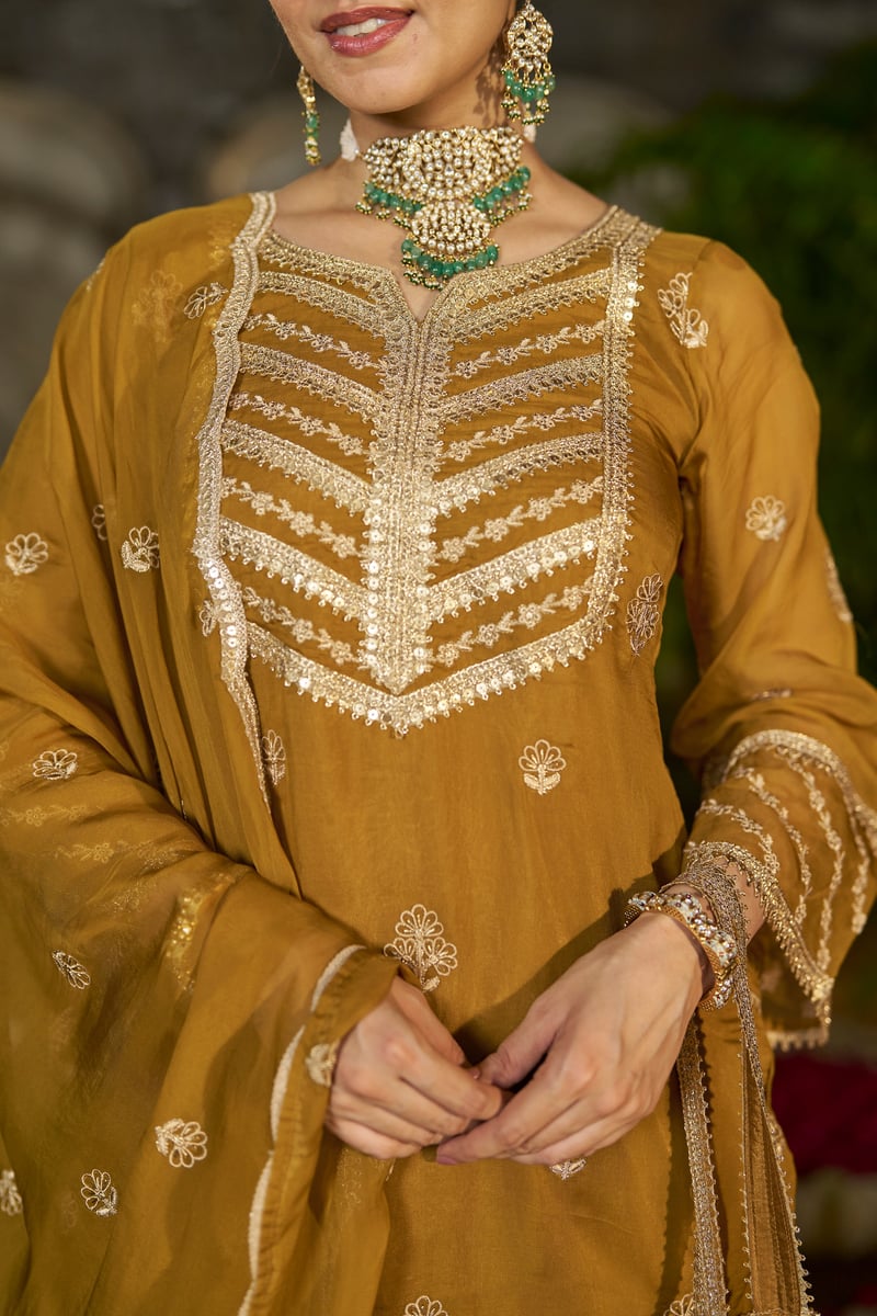Yellow Organza Embroidered Kurta Sharara Set with Dupatta