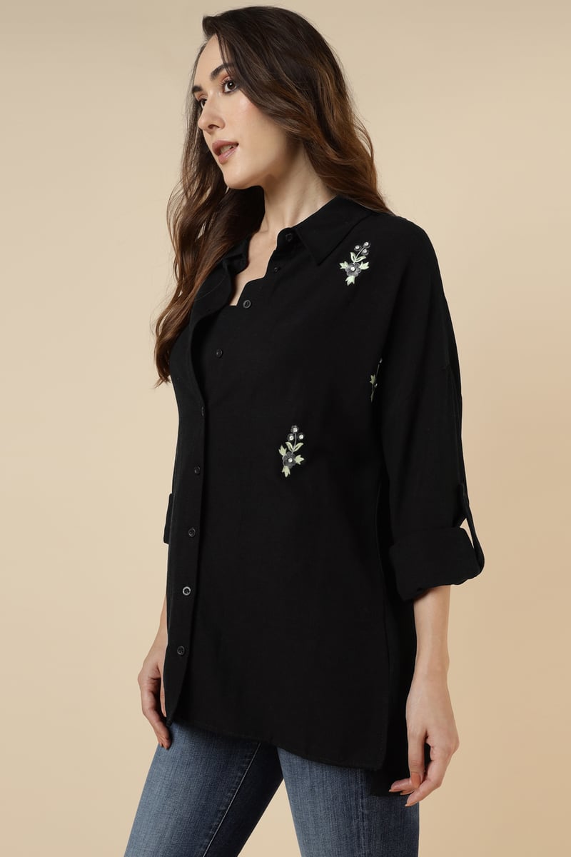 Black Collared Button-Down Shirt with Floral Embroidery